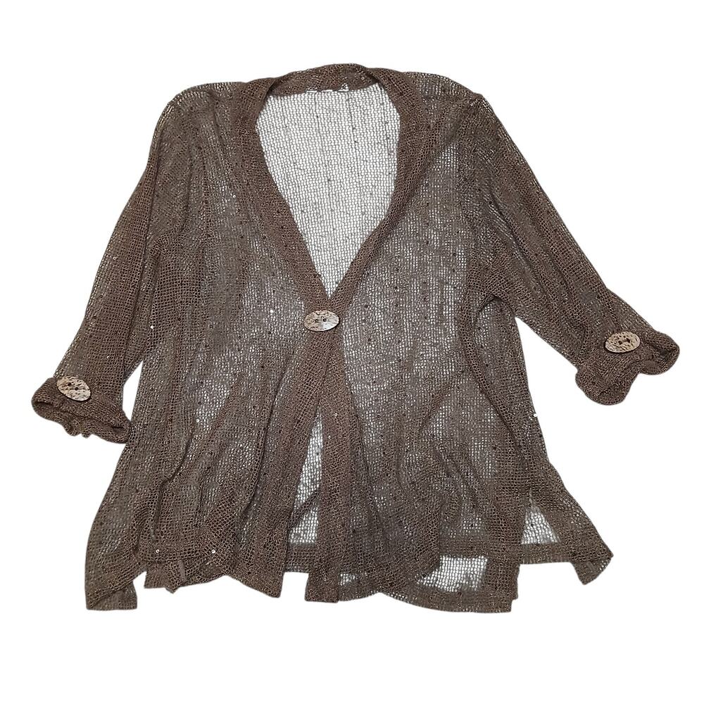 Brown Open Knit Sequin Cardigan Sweater Large Button Front 3/4 Sleeve Boho Beach